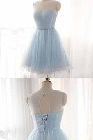 Light Sky Blue Short Prom Dress Sleeveless Open Back Scoop Homecoming Dresses RS909
