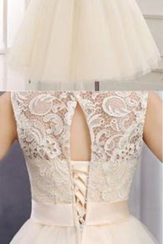 Lace Short Champagne Ball Gown Sleeveless Bowknot Open Back Scoop Homecoming Dresses RS878