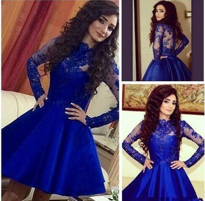Homecoming Dress Lace Royal Blue Long Sleeves Homecoming Dress Short Prom Dresses RS918