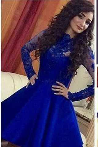 Homecoming Dress Lace Royal Blue Long Sleeves Homecoming Dress Short Prom Dresses RS918