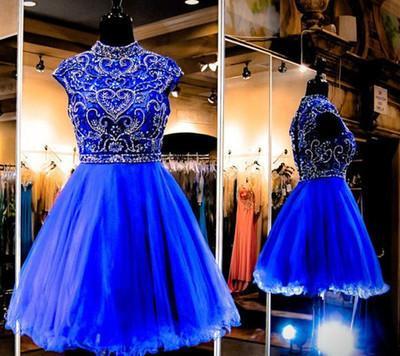 Royal Blue Homecoming Dress Short Tulle Fitted Party Dress Beading Prom Dresses RS896