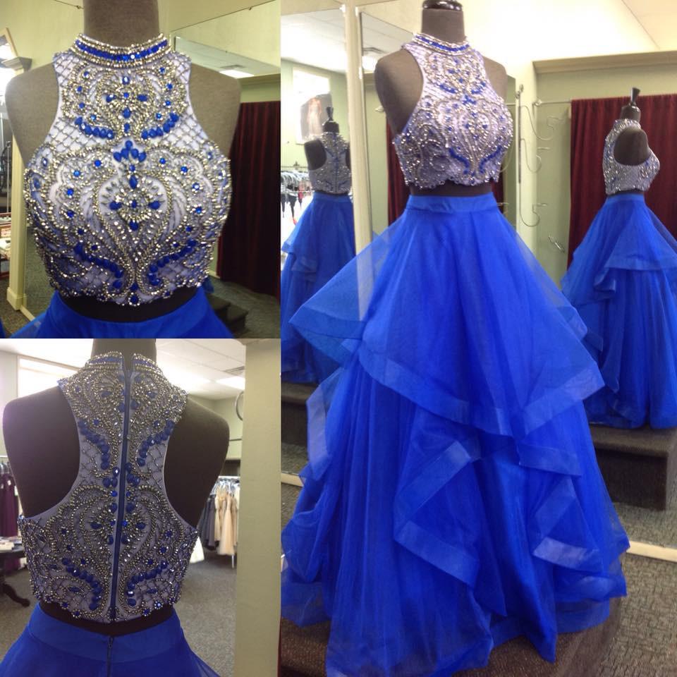Royal Blue Two Piece Beaded Bodice Tulle Skirt Ball Gown Halter Sleeveless Prom Dresses RS224