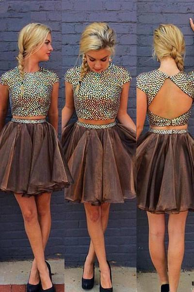 Stylish 2 Piece Jewel Cap Sleeves Short Chocolate Homecoming Dress with Beading Open Back RS397
