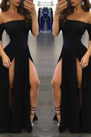 Sexy Black Long Off-the-Shoulder A-Line Half Sleeve Scoop Sexy Slit Prom Dresses RS790