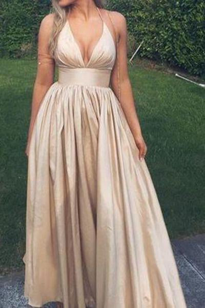 Sexy V neck Prom Dresses Sexy Champagne Graduation Dress Open Back Party Dresses RS171