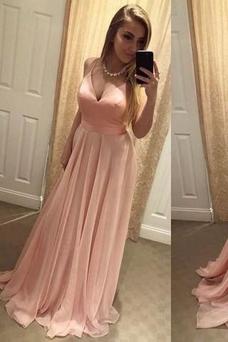 Sexy Blush Pink Backless Simple Long V-Neck Spaghetti Straps Backless Prom Dresses RS768