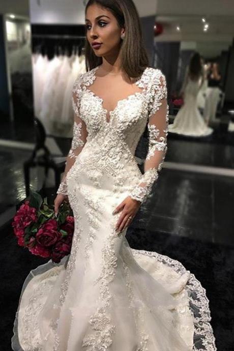 Sexy White Yarn Button Back Long Sleeve Lace Mermaid Charming Chapel Trailing Wedding Dress RS171
