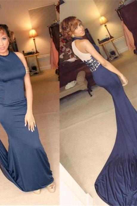 High Neck Navy Blue Sexy Mermaid Party Cocktail Dresses Long Prom Dresses Online PD0192