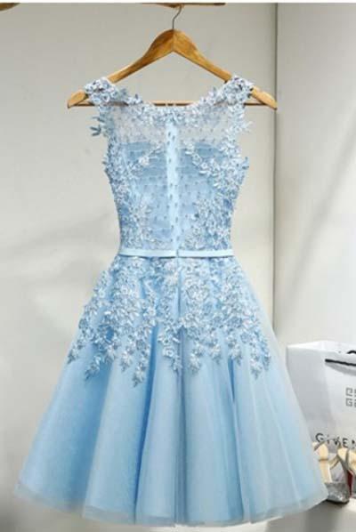 Light Sky Round Neck Tulle Appliques Short Sleeveless Graduation Homecoming Dress RS220