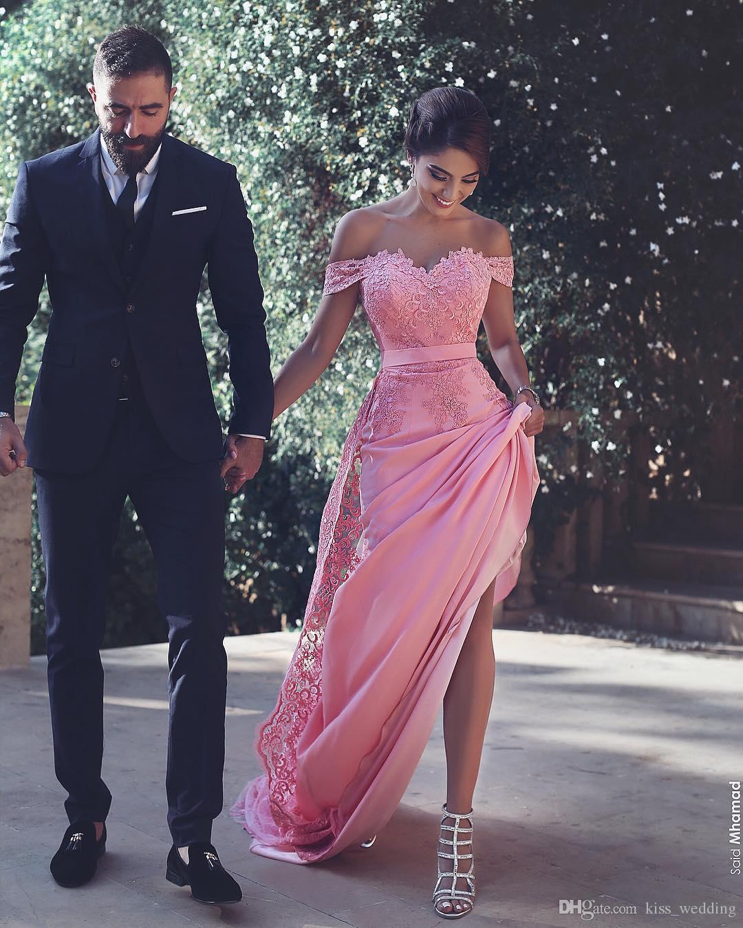 Pink Sheath Off-the-Shoulder Sweep Train Prom Dress with Lace Sash Ruffles RS779