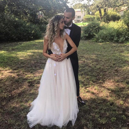 A Line Deep V Neck Spaghetti Straps Beads Backless Handmade Flower Wedding Dresses RS328