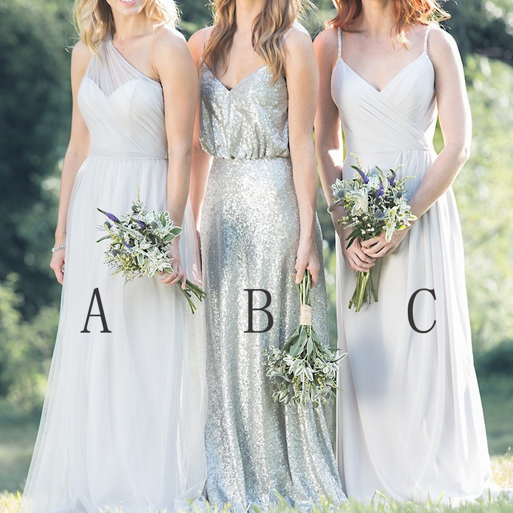 Mismatched Chiffon Sequin A Line Spaghetti Straps One Shoulder Cheap Bridesmaid Dresses RS414