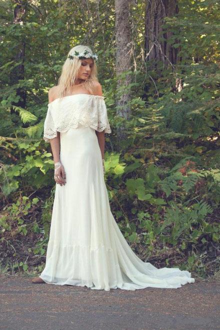 A Line Off the Shoulder Bohemian Lace Chiffon Ivory Summer Beach Wedding Dresses RS712