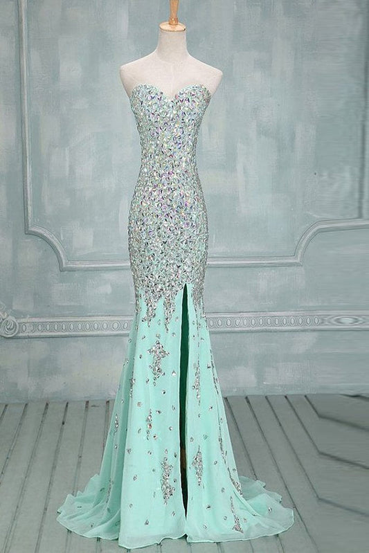Sexy Mermaid Rhinestones Sweetheart Front Split Mint Chiffon Prom Dresses RS620