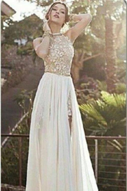 2024 Sexy Lace Backless Long Chiffon High Neckline Halter Side Slit Prom Dress Wedding Dress