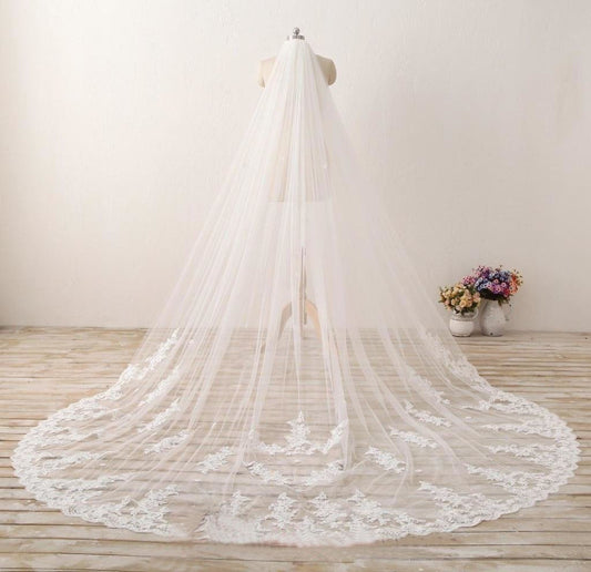3M Long Embroidered Lace Appliques Tulle Cathedral Veil for Wedding Wedding Veil RS869