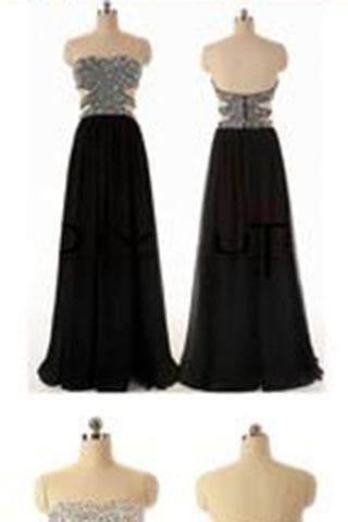 Sexy A-line Backless Long Black Beaded Bodice Slit Side Chiffon Evening Prom Dresses RS15
