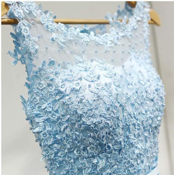 Light Sky Round Neck Tulle Appliques Short Sleeveless Graduation Homecoming Dress RS220