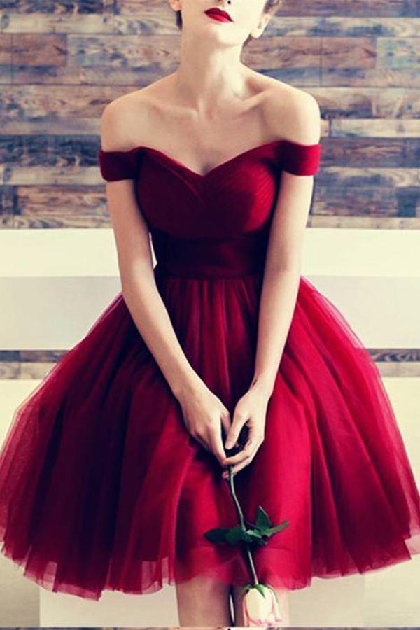 A Line Burgundy Off the Shoulder Tulle Sweetheart Cocktail Dress Homecoming Dresses RS639