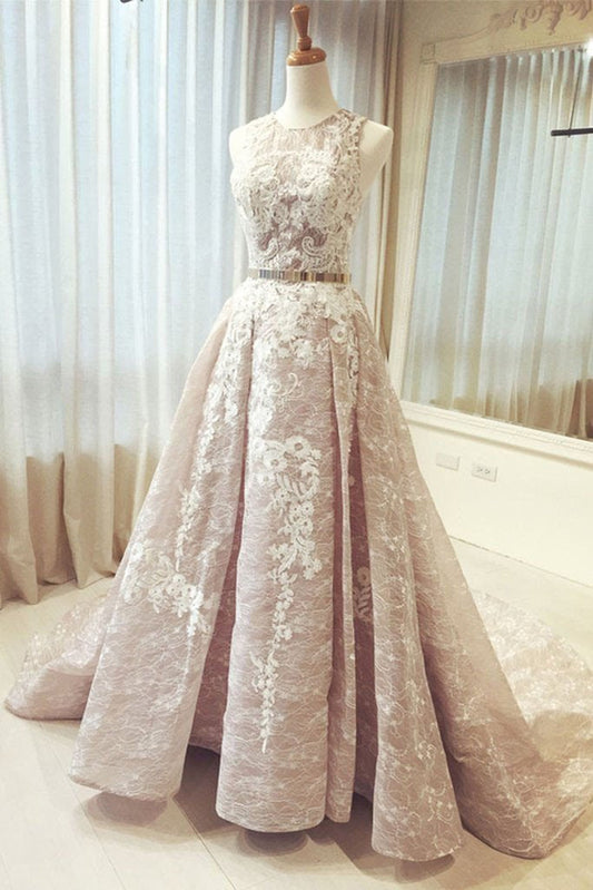 A-Line Round Neck Long Wedding Dress Sleeveless Scoop Belt Appliques Prom Dresses RS367
