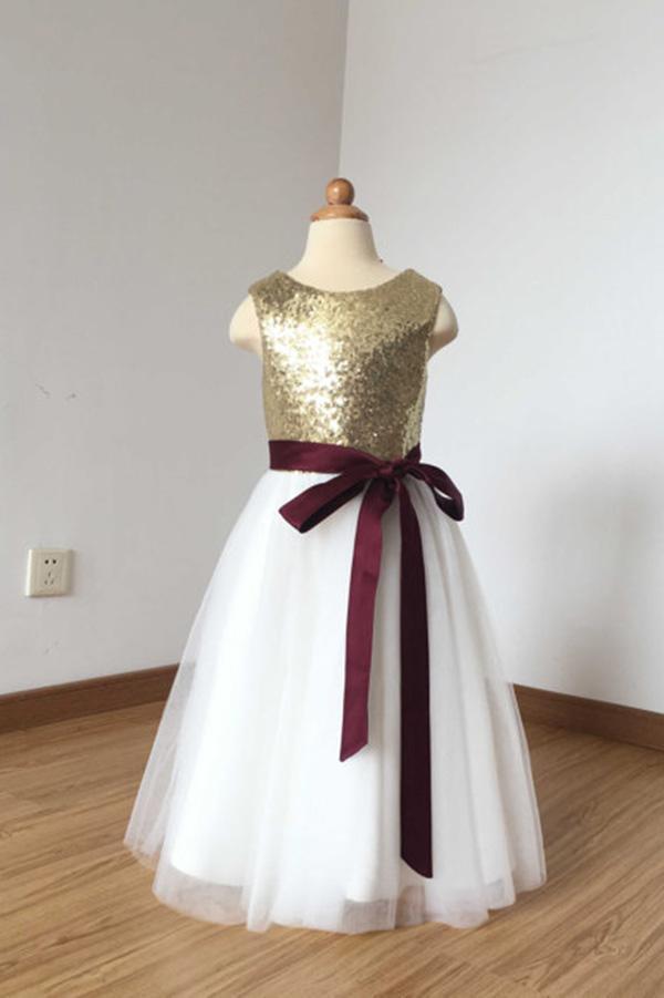 2024 A Line Simple Light Gold Sequin Ivory Tulle Scoop Flower Girl Dress with Burgundy Sash RS774