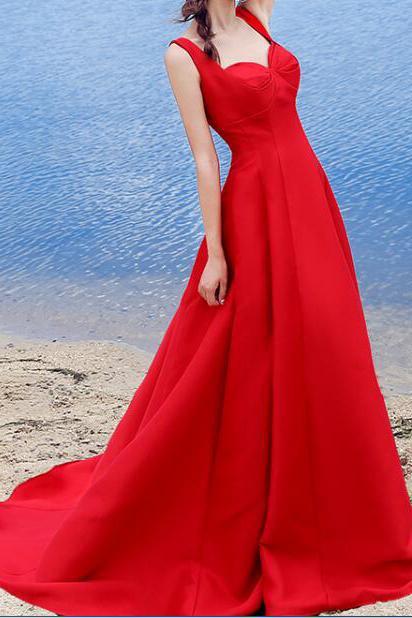 Sexy Elegant Red A-line Halter Satin Sweetheart Lace Up Simple Prom Dresses RS324