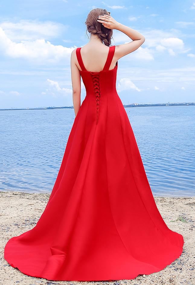 Sexy Elegant Red A-line Halter Satin Sweetheart Lace Up Simple Prom Dresses RS324