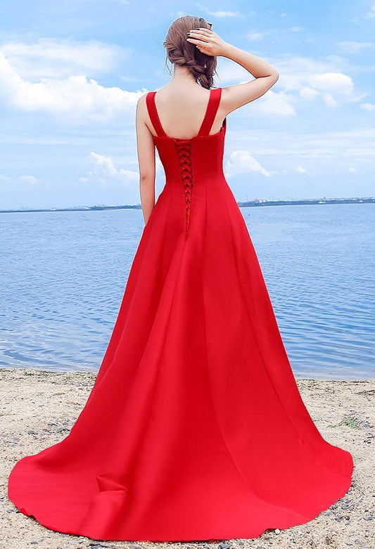 Sexy Elegant Red A-line Halter Satin Sweetheart Lace Up Simple Prom Dresses RS324