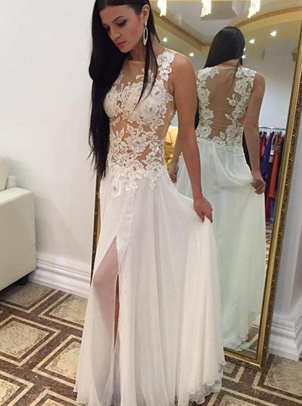 Sexy A-line Crew Floor-Length Chiffon Sleeveless Beaded Appliques White Prom Dresses RS661