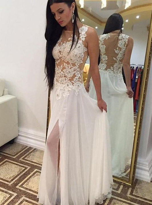 Sexy A-line Crew Floor-Length Chiffon Sleeveless Beaded Appliques White Prom Dresses RS661