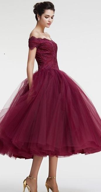 Vintage Princess Off the Shoulder Tea Length Ball Gown Scoop Burgundy Homecoming Dress RS860