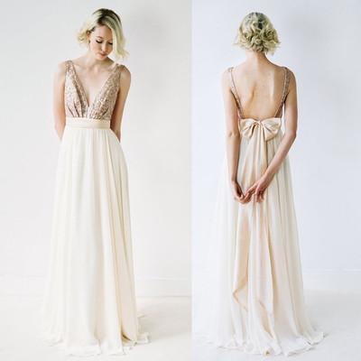 Sequin Sexy Chiffon Long Backless V-Neck Backless Sleeveless A-Line Bridesmaid Dresses RS42