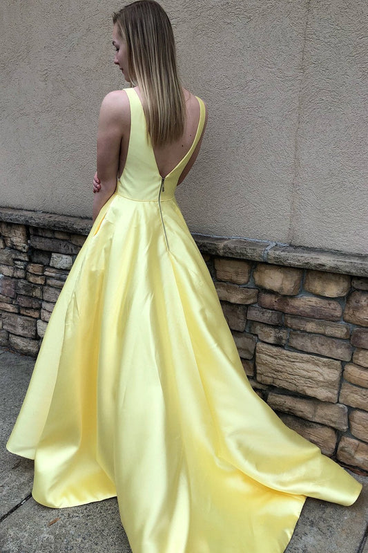 Princess A Line Deep V Neck Yellow Long Satin Backless Evening Dresses Prom Dresses RS962
