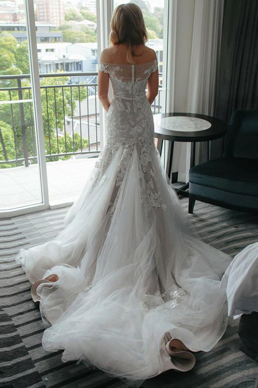 Sheath Off the Shoulder Court Train Ivory Tulle Wedding Dresses with Lace Appliques RS203