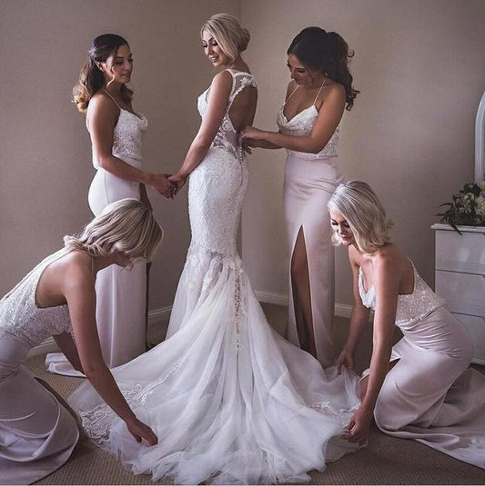 Unique Sequin Mermaid Spaghetti Straps Long Pink Soft Bridesmaid Dresses with Split RS833