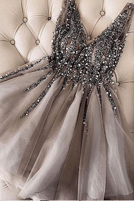 Luxurious Sequins Beaded V Neck Tulle Short V Back Gray Prom Dress Homecoming Dress RS762