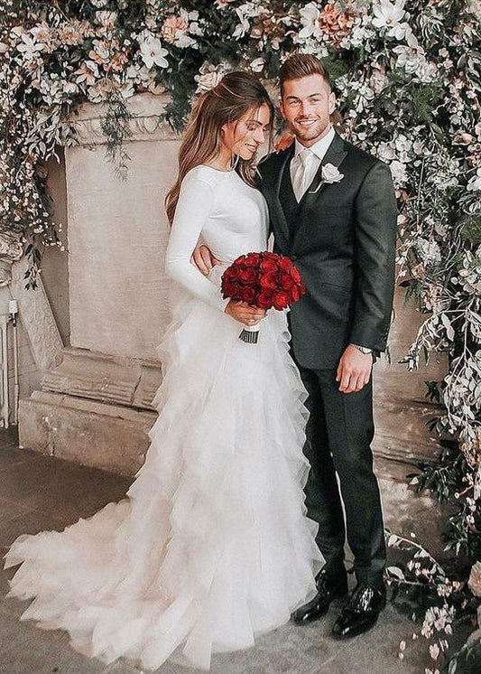 A-Line Round Neck Asymmetric Tulle Open Back Long Sleeves Wedding Dresses RS124