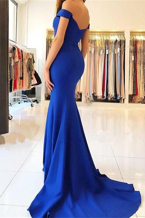 Royal Blue Long Mermaid Off the Shoulder Sweetheart Satin Pretty Prom Dresseses RS90