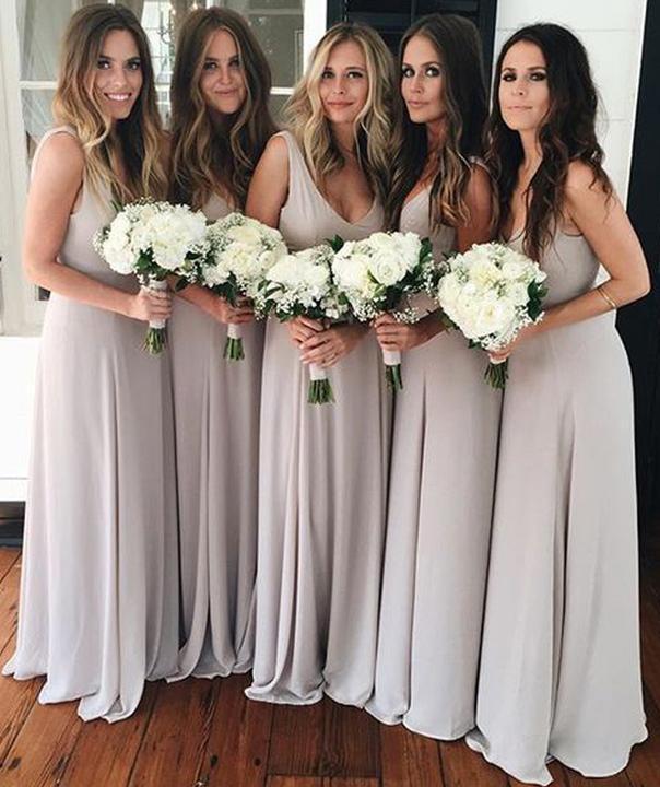 A Line V Neck Chiffon Sleeveless Gray Formal Cheap Prom Bridesmaid Dresses RS669