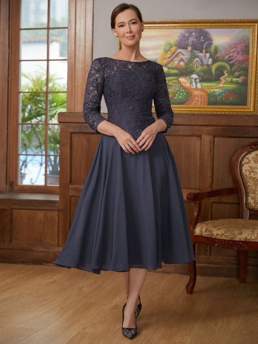 Nadine A-Line/Princess Chiffon Lace Scoop 3/4 Sleeves Tea-Length Mother of the Bride Dresses DSP0020347