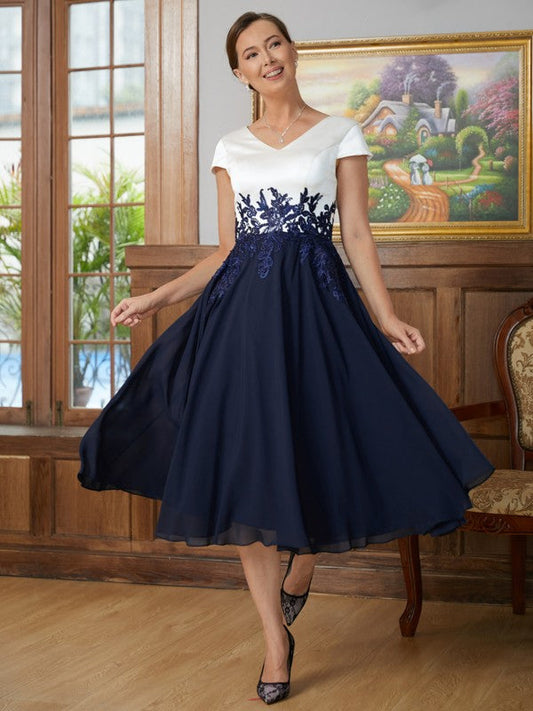 Lucy A-Line/Princess Chiffon Applique V-neck Short Sleeves Tea-Length Mother of the Bride Dresses DSP0020349