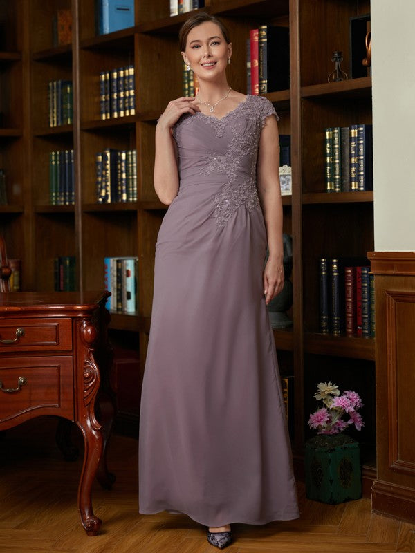 Cheyanne Sheath/Column Chiffon Lace V-neck Short Sleeves Floor-Length Mother of the Bride Dresses DSP0020339