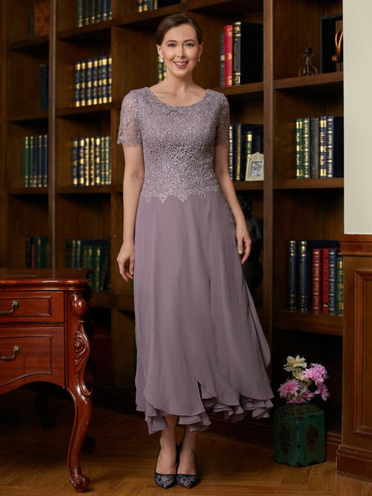 Bella A-Line/Princess Chiffon Lace Scoop Short Sleeves Ankle-Length Mother of the Bride Dresses DSP0020353