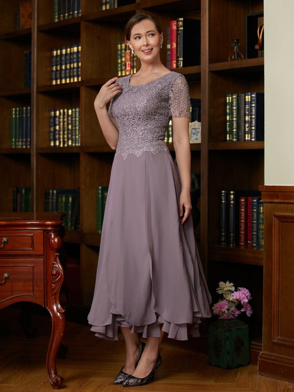 Bella A-Line/Princess Chiffon Lace Scoop Short Sleeves Ankle-Length Mother of the Bride Dresses DSP0020353