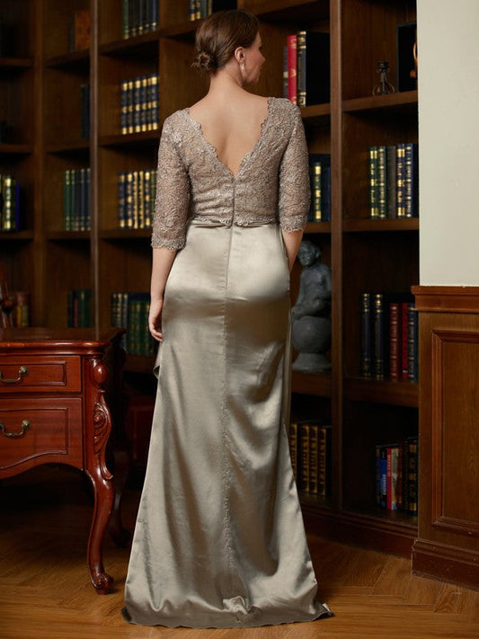 Setlla A-Line/Princess Silk Like Satin Lace V-neck 3/4 Sleeves Sweep/Brush Train Mother of the Bride Dresses DSP0020342