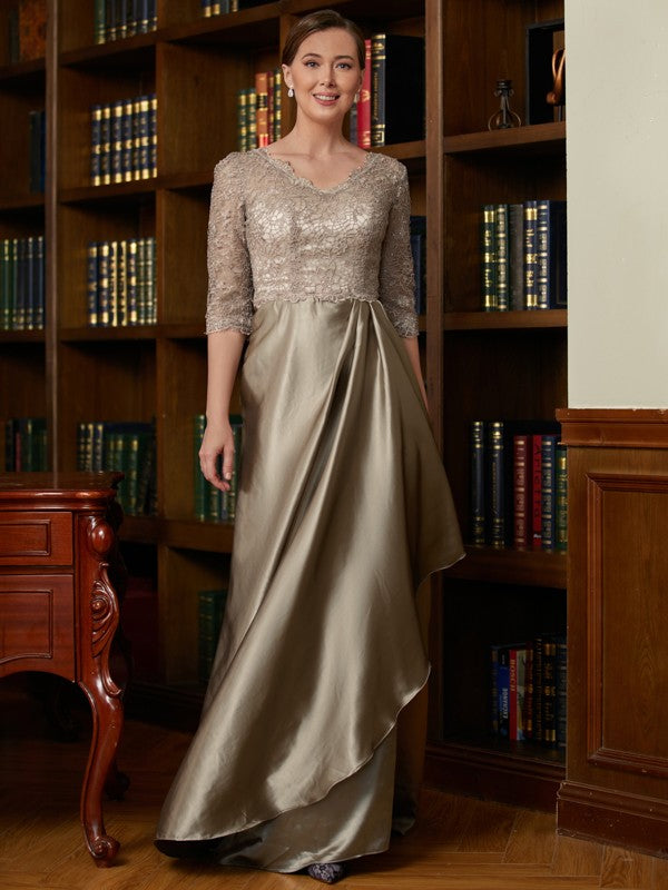 Setlla A-Line/Princess Silk Like Satin Lace V-neck 3/4 Sleeves Sweep/Brush Train Mother of the Bride Dresses DSP0020342