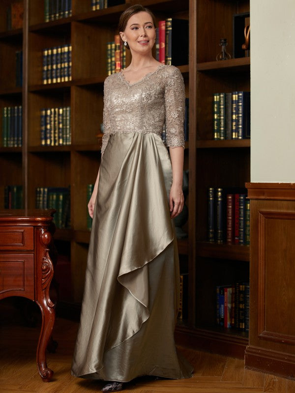 Setlla A-Line/Princess Silk Like Satin Lace V-neck 3/4 Sleeves Sweep/Brush Train Mother of the Bride Dresses DSP0020342