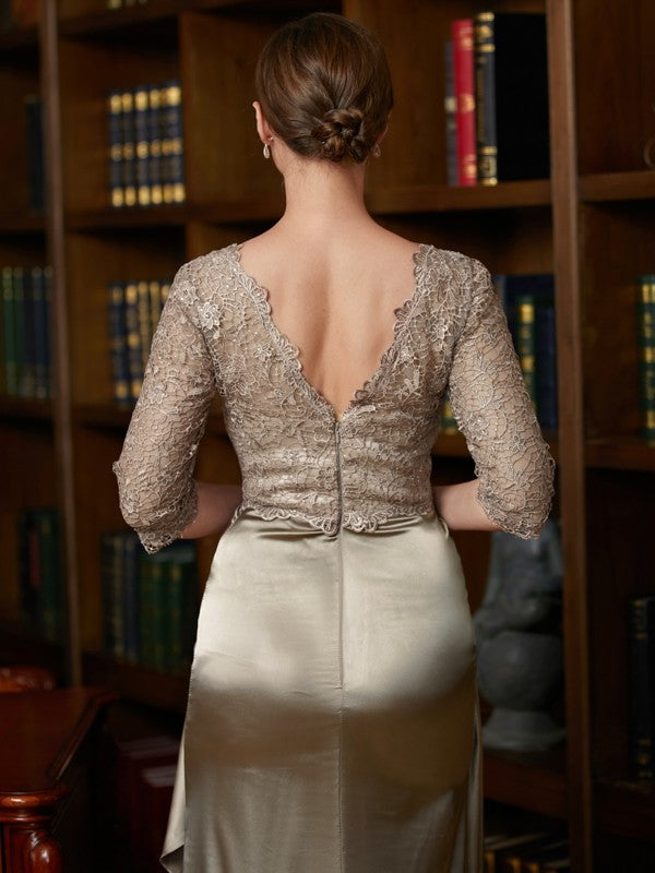 Setlla A-Line/Princess Silk Like Satin Lace V-neck 3/4 Sleeves Sweep/Brush Train Mother of the Bride Dresses DSP0020342