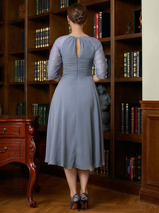 Ivy A-Line/Princess Chiffon Lace Scoop 1/2 Sleeves Tea-Length Mother of the Bride Dresses DSP0020356