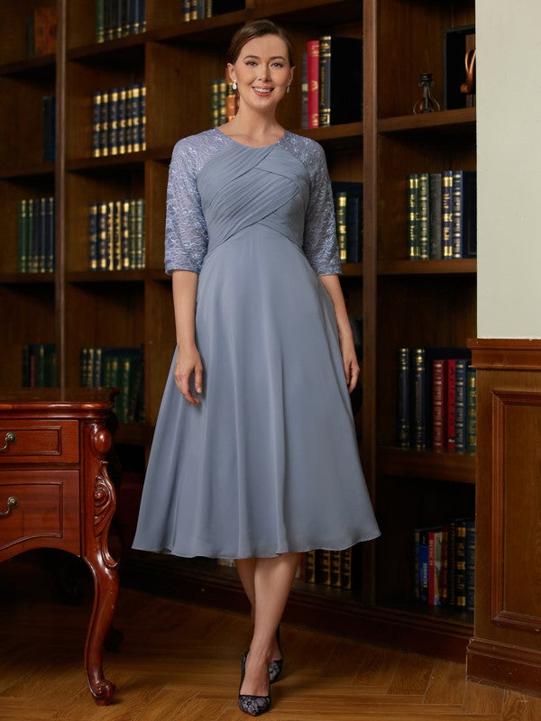 Ivy A-Line/Princess Chiffon Lace Scoop 1/2 Sleeves Tea-Length Mother of the Bride Dresses DSP0020356
